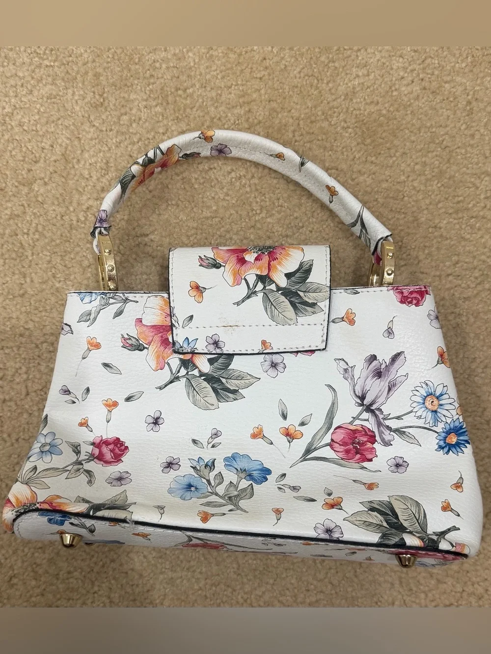 Vera Pelle Made in Italy Floral Leather Top Handle Handbag White Botanical Purse